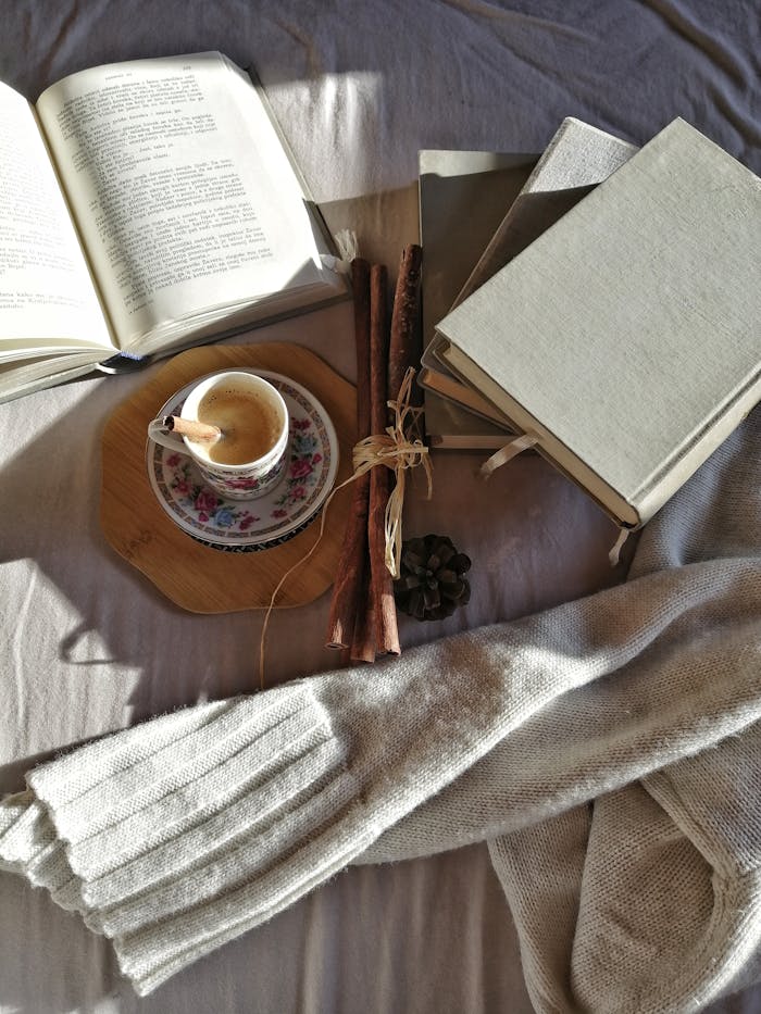 A warm setting featuring books, coffee, and a sweater in natural daylight creates a cozy reading atmosphere.